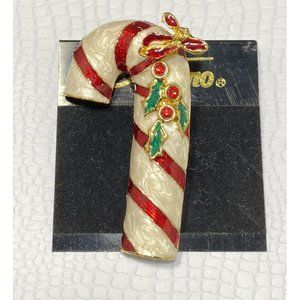NWT Candy Cane Brooch Pin 3D Pop Out Red Rhinestones Gold tone Enamel Christmas